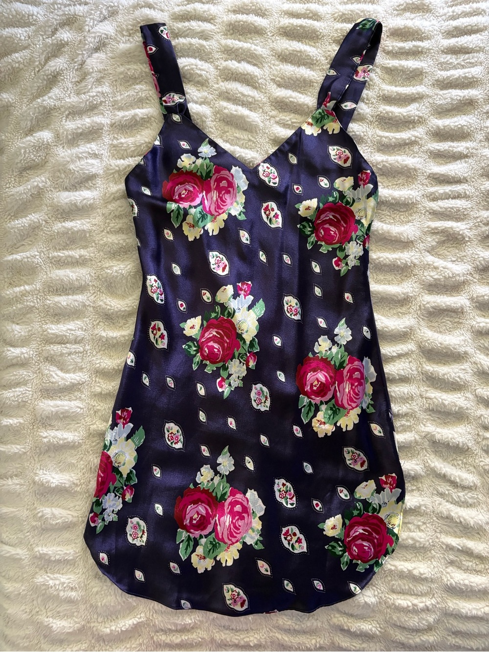 Vintage Circa 2000 Navy Satin Slip Dress with Pink Rose Print